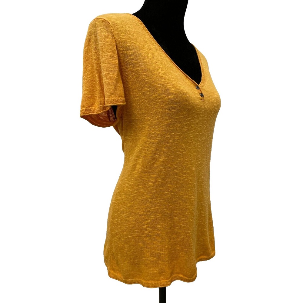 Eileen Fisher Womens Pullover Short Sleeve Henley Top Large Gold Linen Blend - Picture 6 of 12